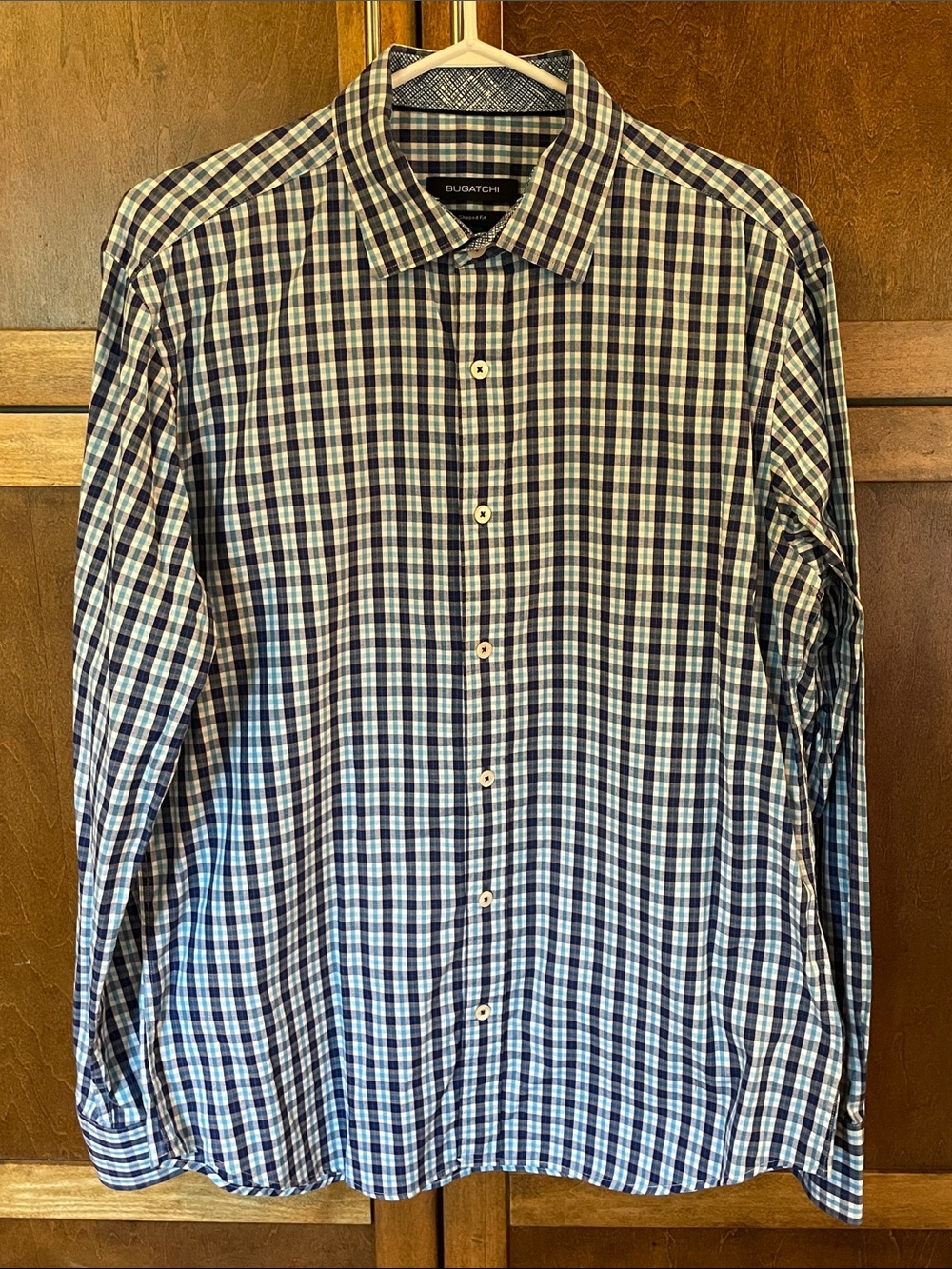 Bugatchi Men's Navy and Blue Checked Button-Down Shirt